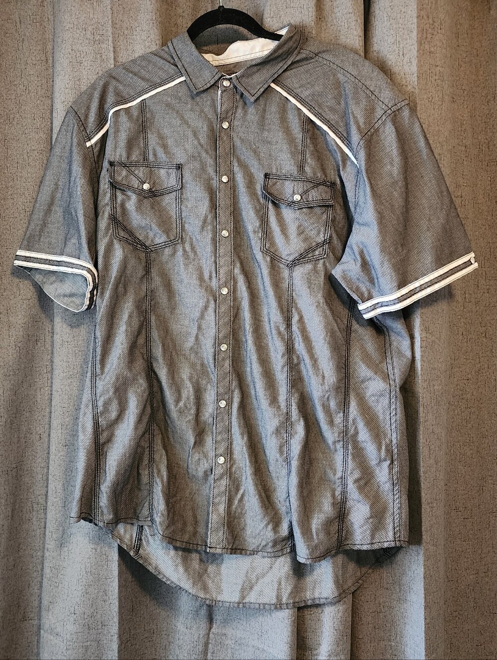 BKE XXL Athletic Fit Snap Button Shirt Gray Blue Western Piping Men’s Staple